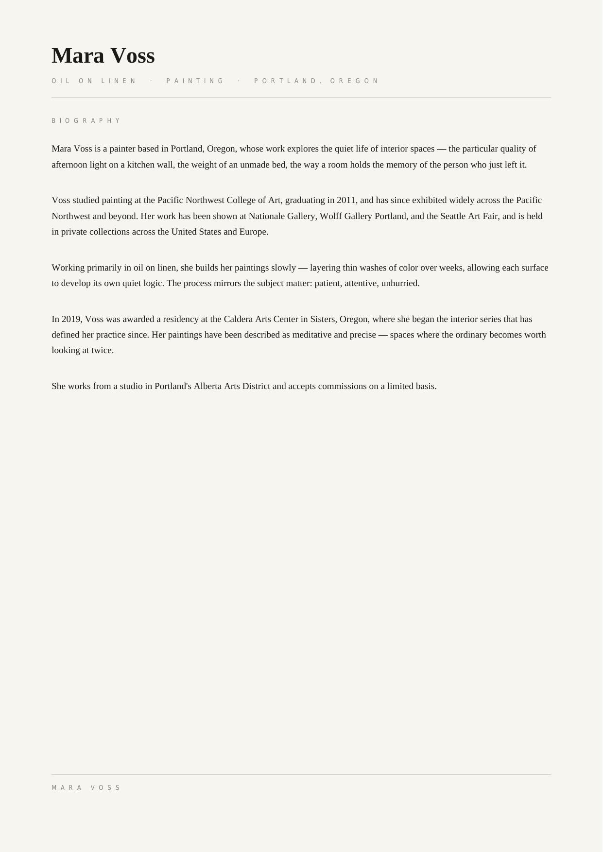 Sample artist bio page from an ExhibitFolio portfolio