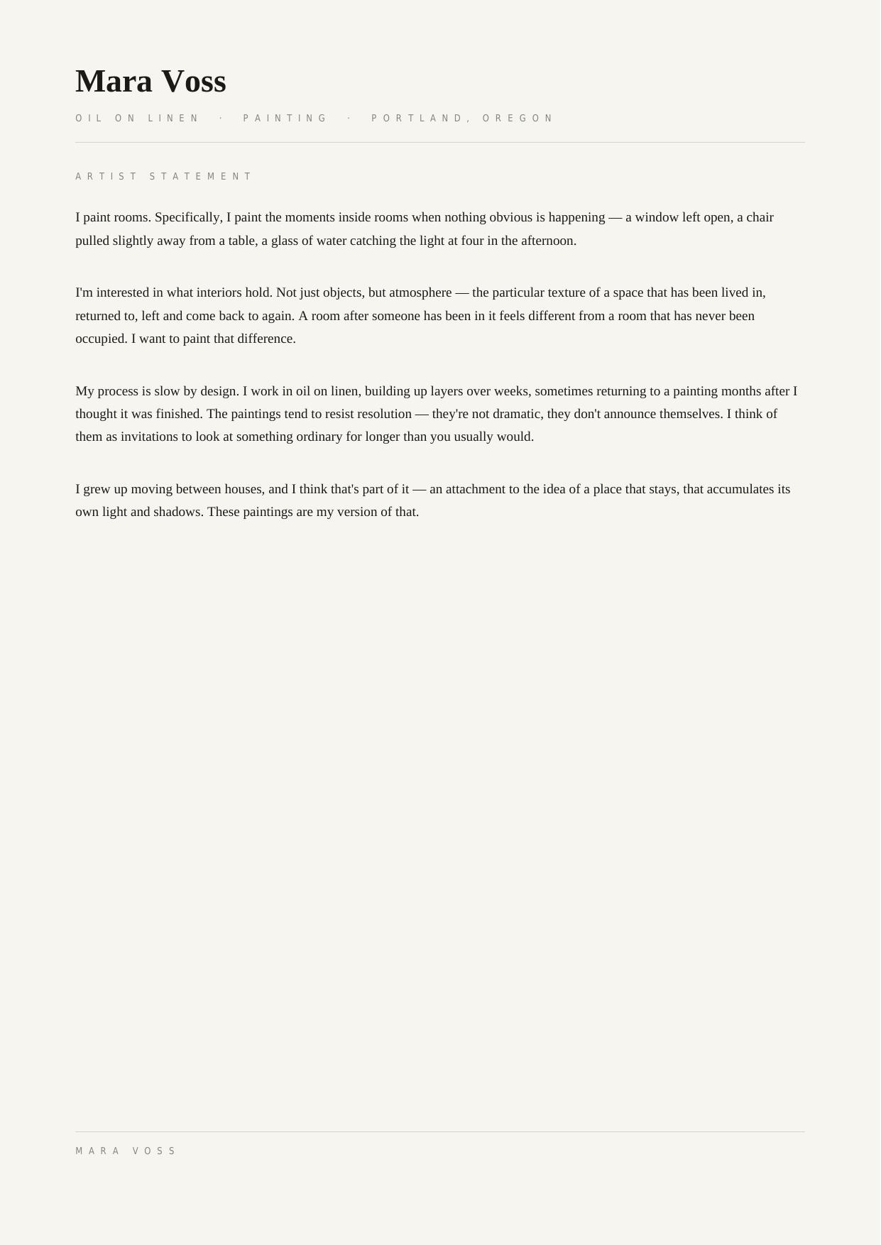 Sample artist statement page from an ExhibitFolio portfolio